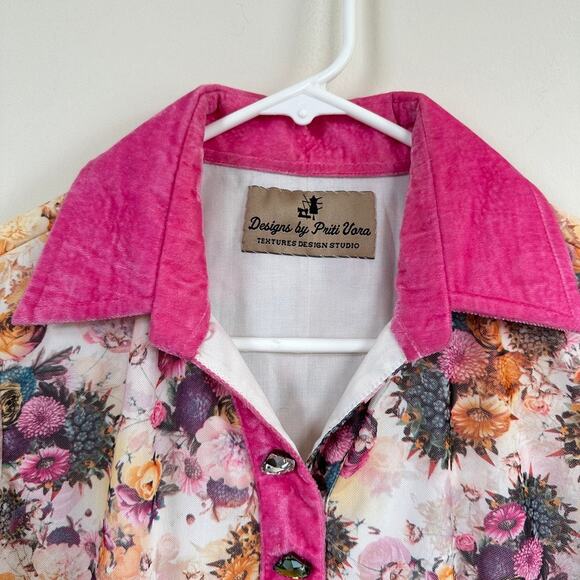 Designs by Priti Vora Floral Tunic 3/4 Sleeves Velvet Trim Embellished Pink S - Picture 2 of 8